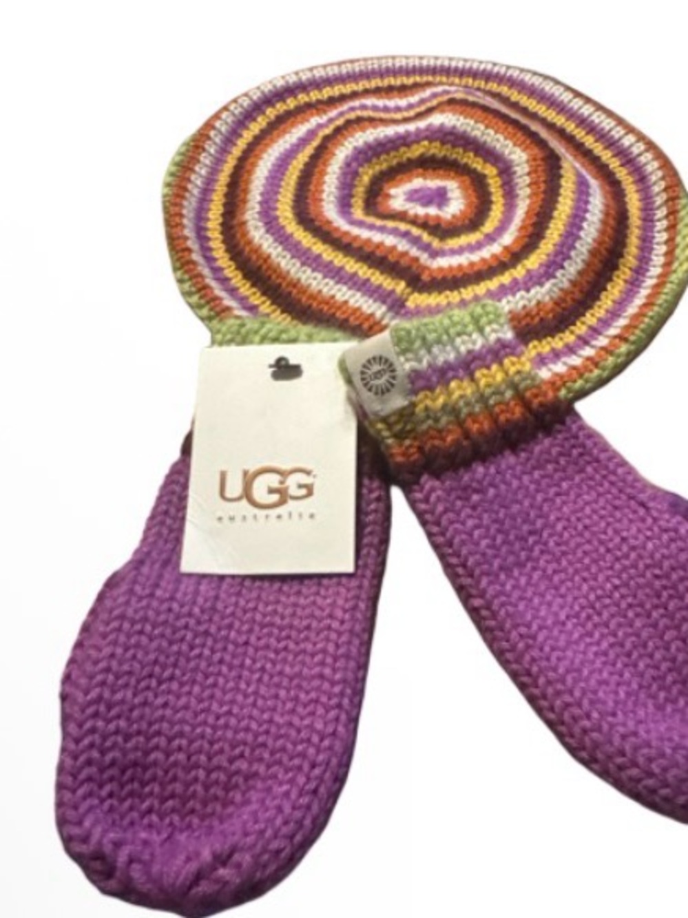 UGG Multicolor Knit Beanie and Mittens Set - Purple, Green, Yellow, Orange - Picture 2 of 7